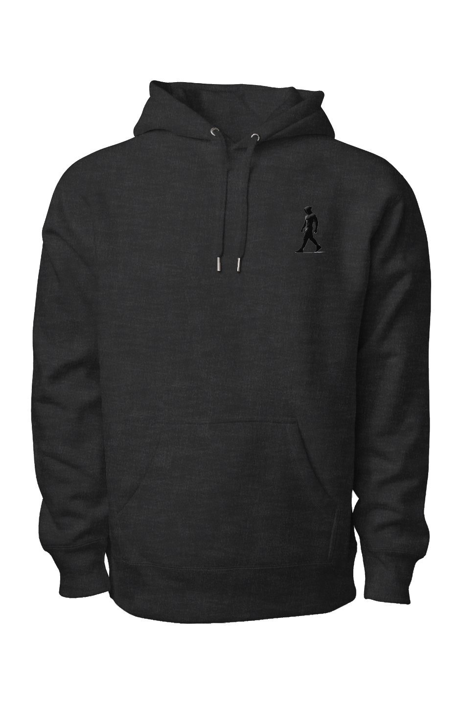 black heather premium heavyweight hoodie with black J Walk silhouette logo on chest
