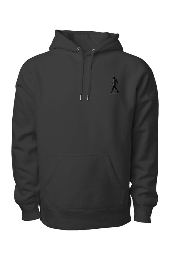 Black premium heavyweight hoodie with black J Walk silhouette logo on chest