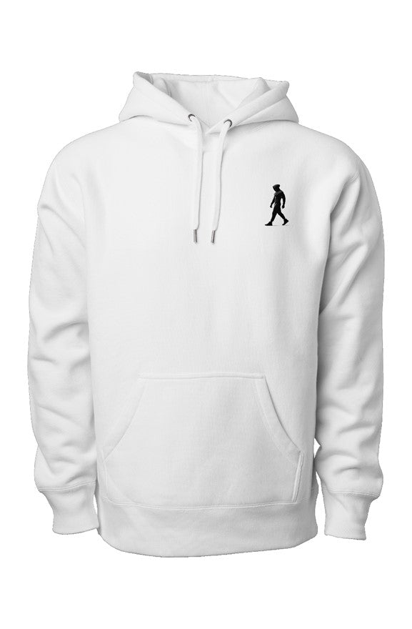 White premium heavyweight hoodie with black J Walk silhouette logo on chest