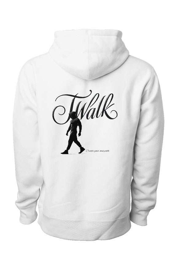 white premium heavyweight hoodie back view with black J Walk logo, silhouette of walking man, and Create your own path slogan"
