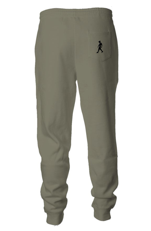 Midweight Fleece Joggers, color  army green with J WALK Silhouette image on  back pocket, right side.