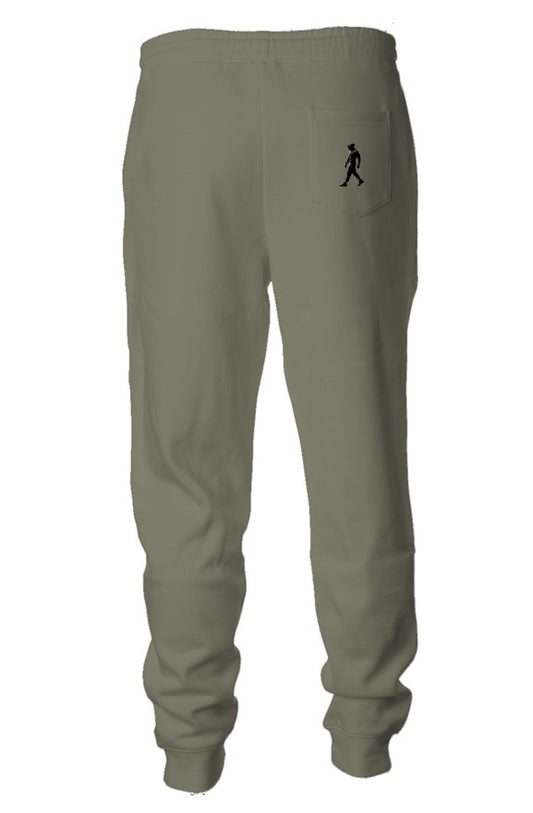 Midweight Fleece Joggers, color  army green with J WALK Silhouette image on  back pocket, right side.