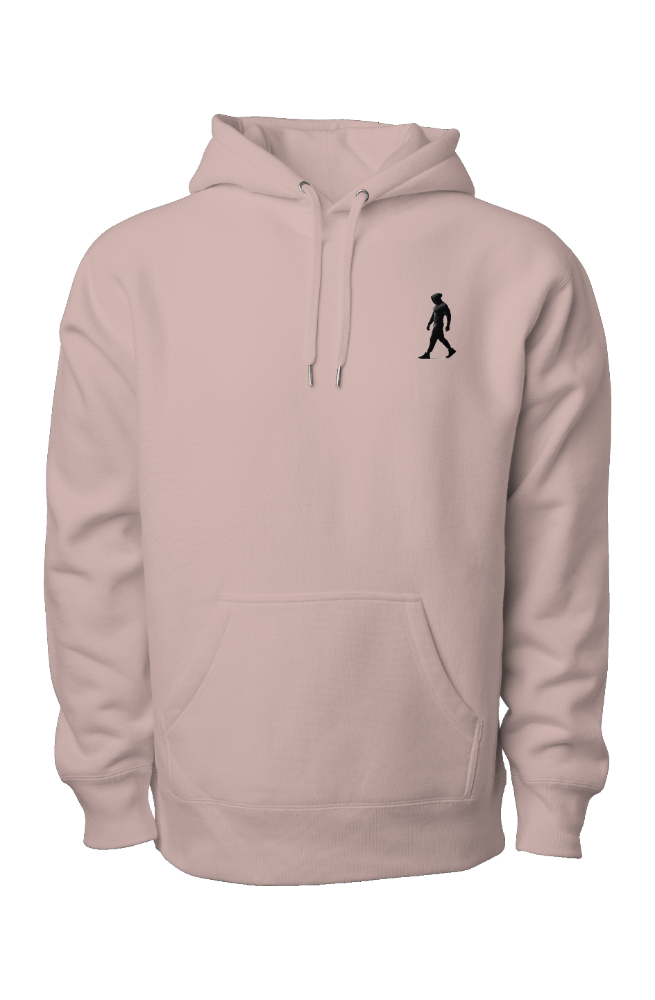 Pink premium heavyweight hoodie with black J Walk silhouette logo on chest