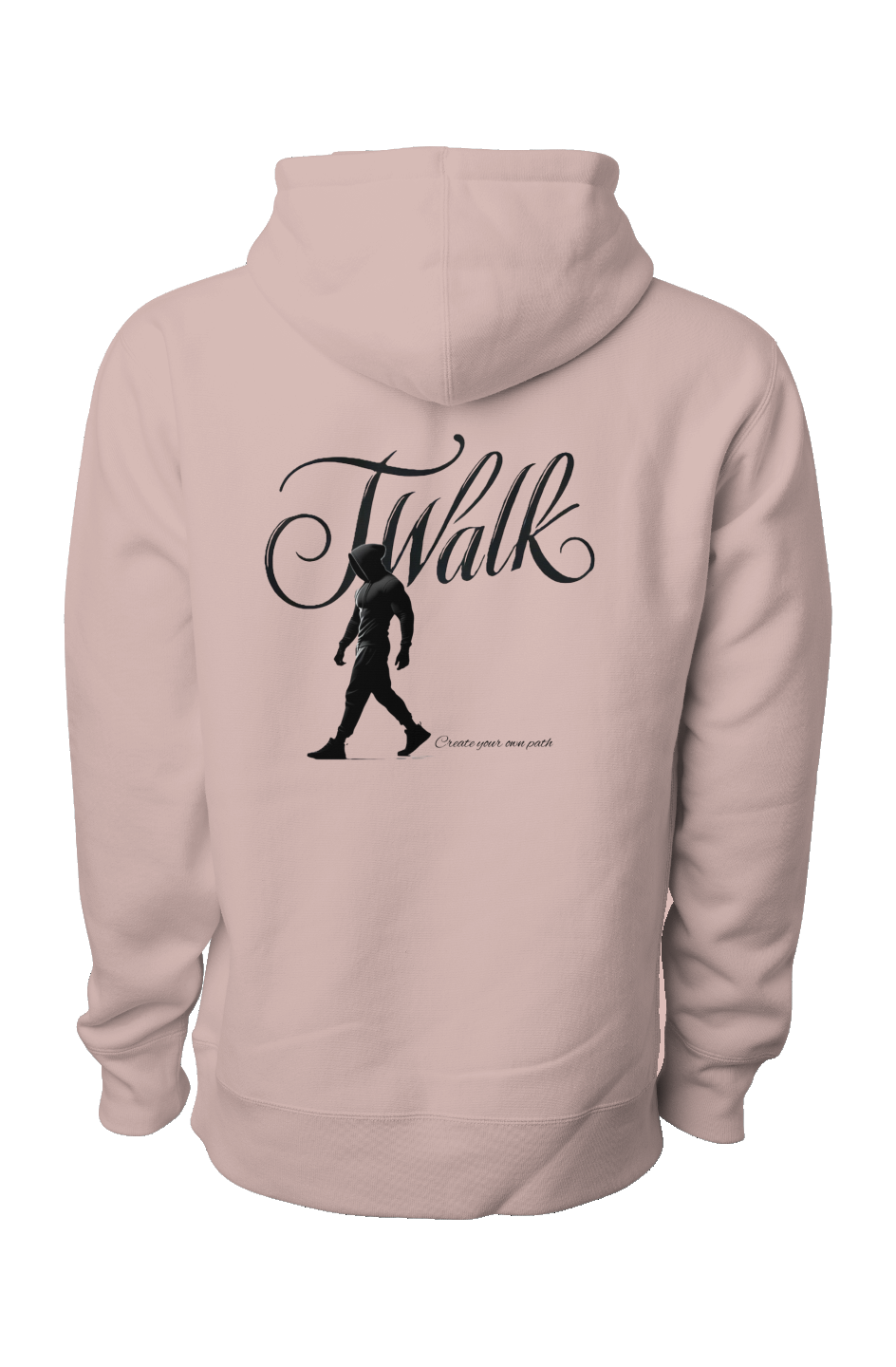 Pink premium heavyweight hoodie back view with black J Walk logo, silhouette of walking man, and Create your own path slogan"