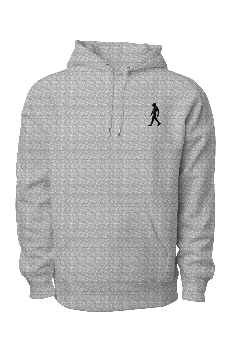 Grey premium heavyweight hoodie with black J Walk silhouette logo on chest