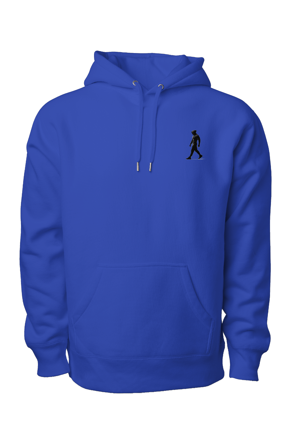 Blue premium heavyweight hoodie with black J Walk silhouette logo on chest