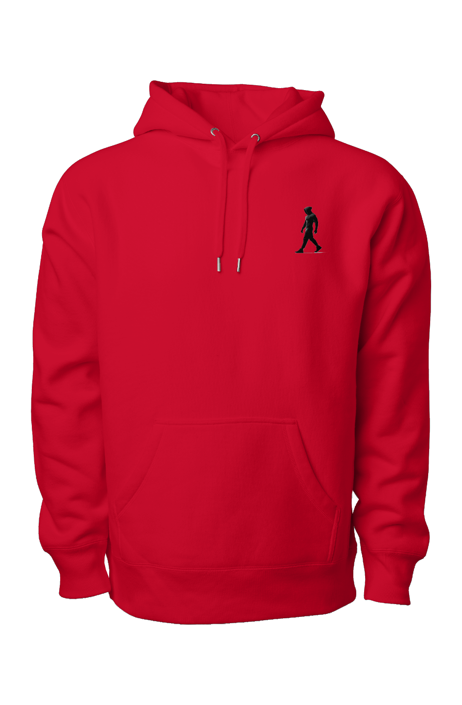 Red premium heavyweight hoodie with black J Walk silhouette logo on chest