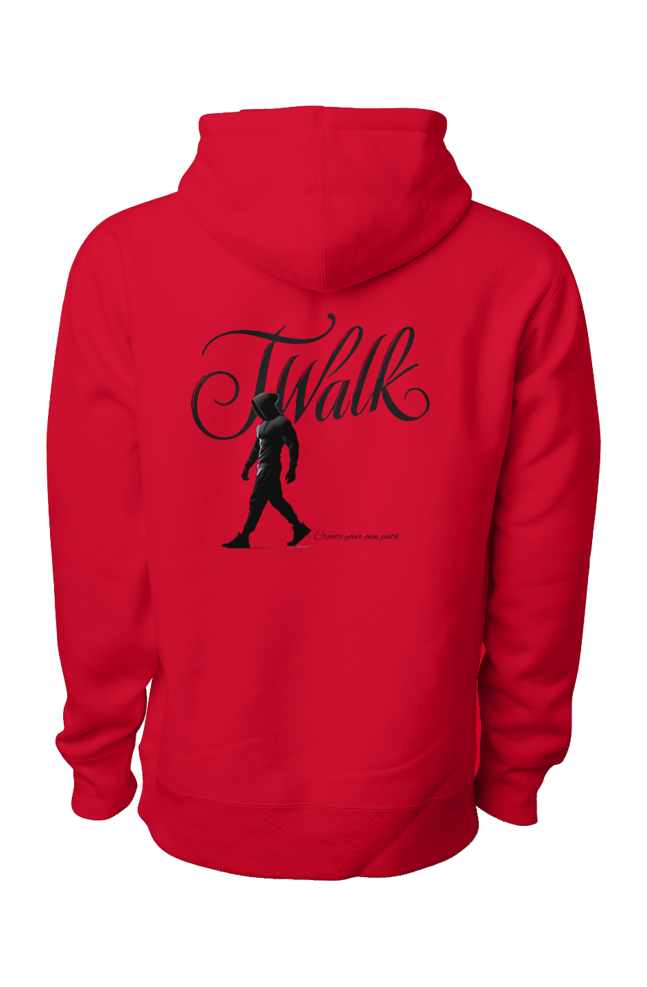 red premium heavyweight hoodie back view with black J Walk logo, silhouette of walking man, and Create your own path slogan"