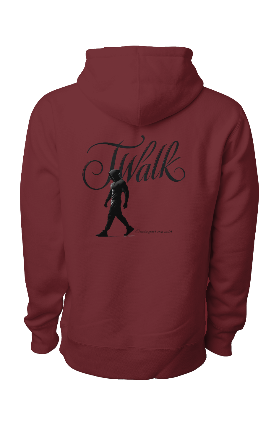 Maroon premium heavyweight hoodie back view with black J Walk logo, silhouette of walking man, and Create your own path slogan"