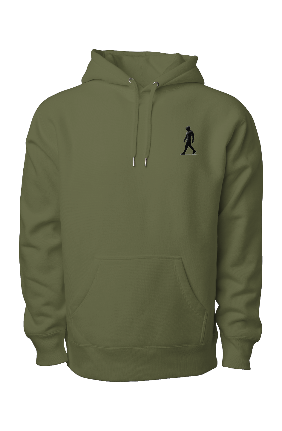 Olive premium heavyweight hoodie with black J Walk silhouette logo on chest