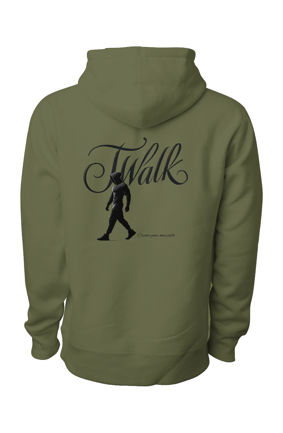 Olive premium heavyweight hoodie back view with black J Walk logo, silhouette of walking man, and Create your own path slogan"