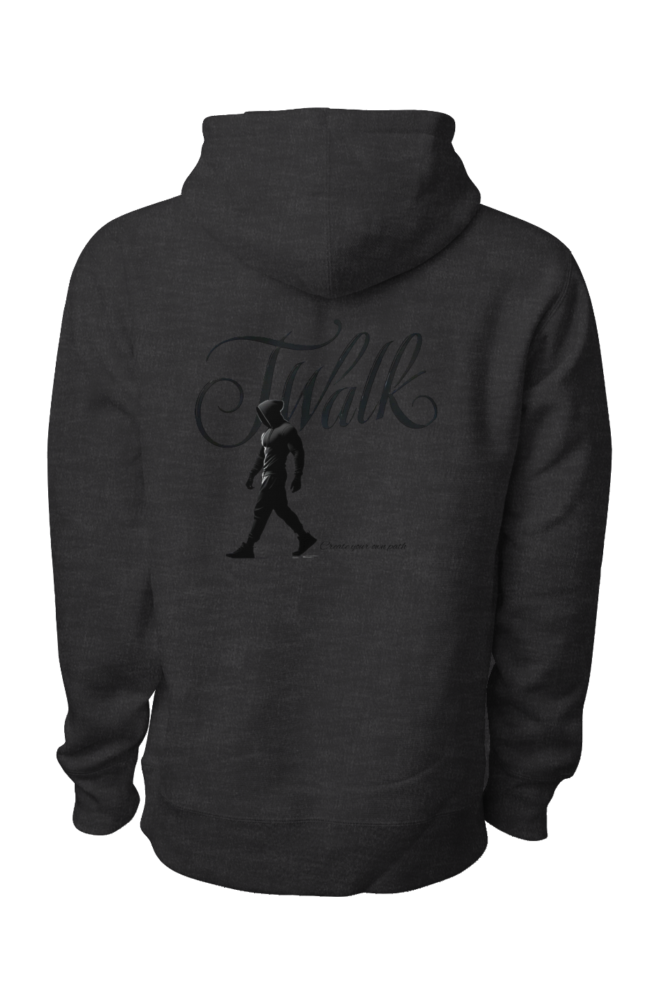 black heather premium heavyweight hoodie back view with black J Walk logo, silhouette of walking man, and Create your own path slogan"