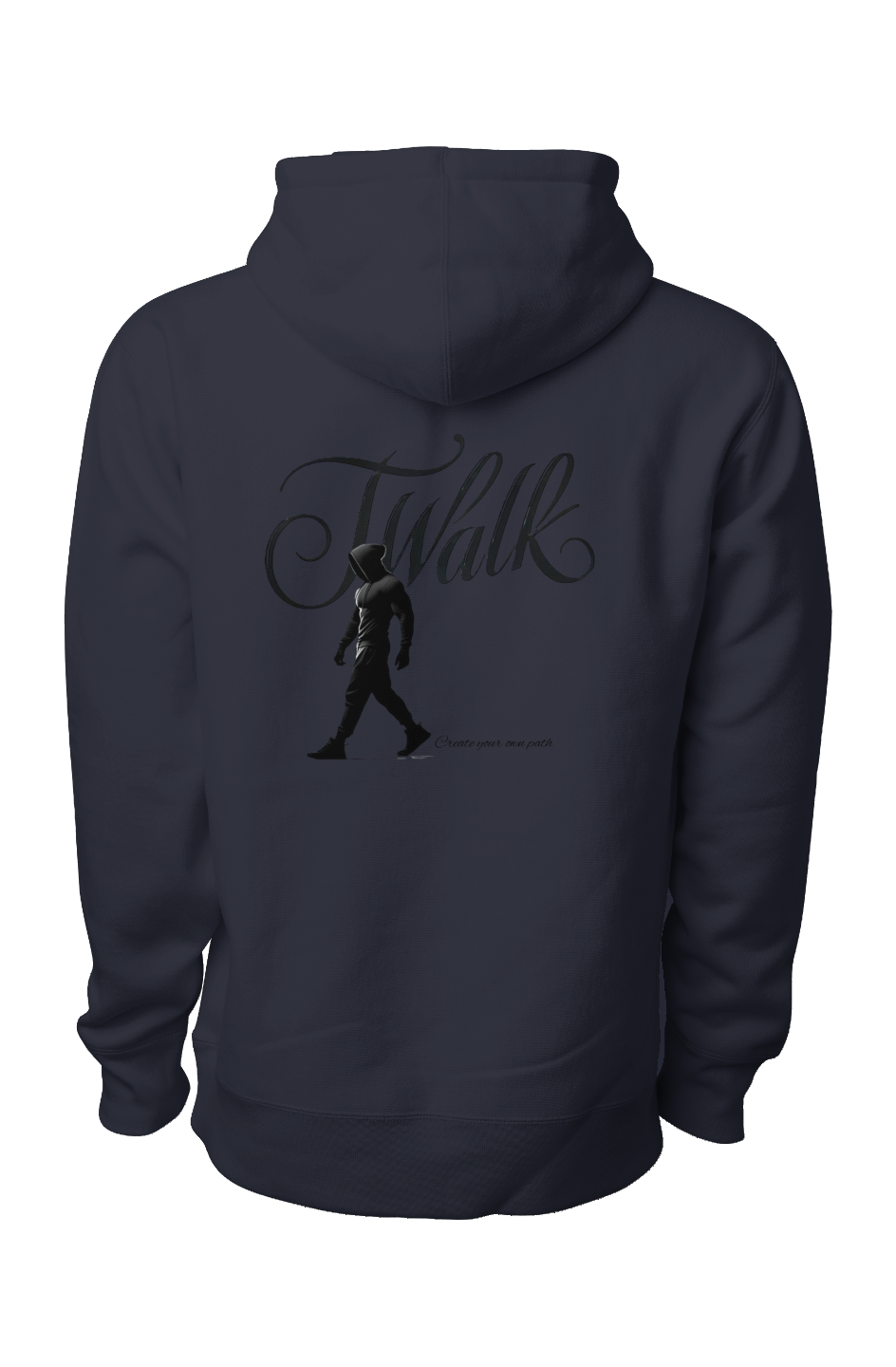 Navy blue premium heavyweight hoodie back view with black J Walk logo, silhouette of walking man, and Create your own path slogan"