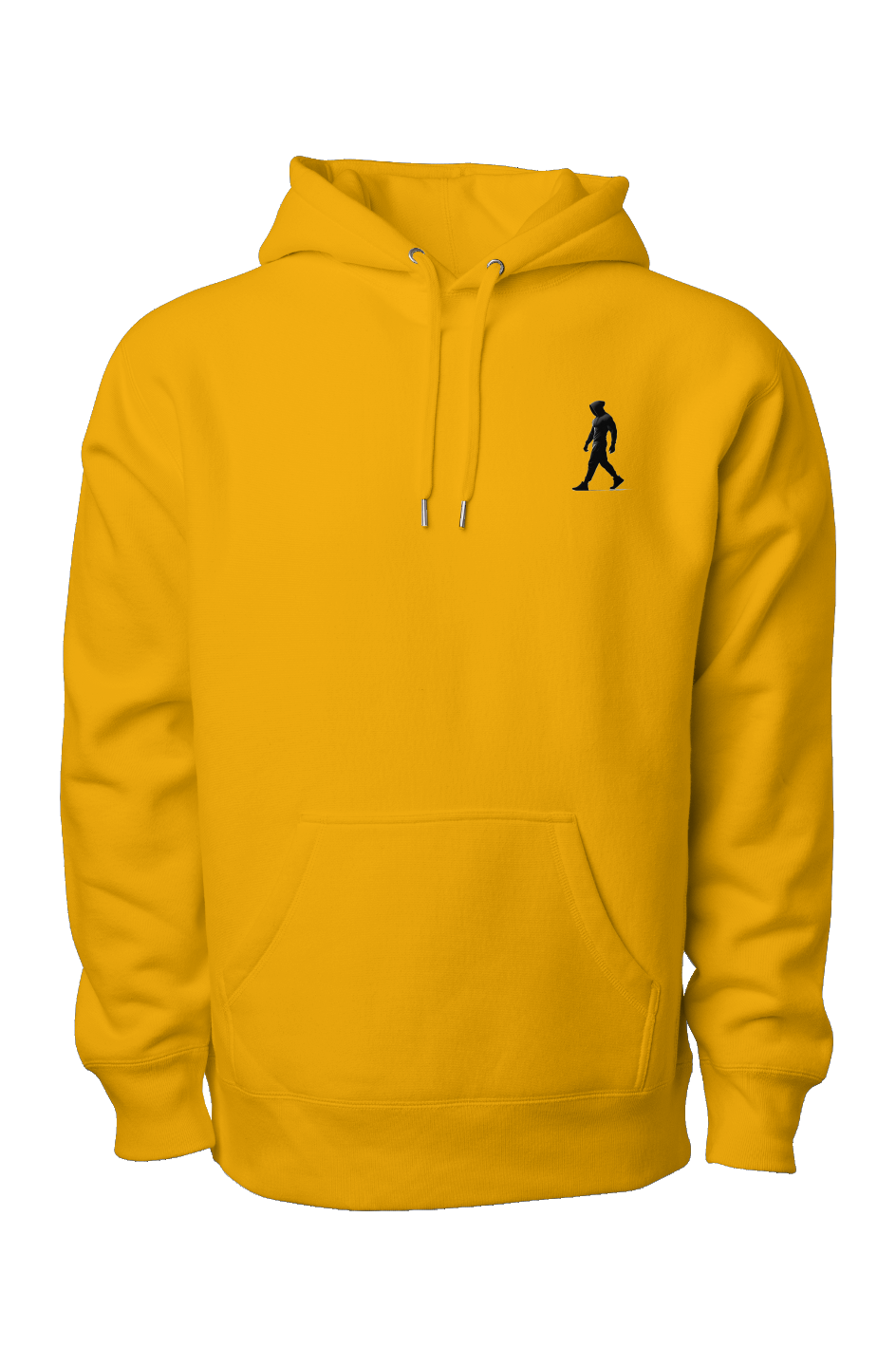 Yellow premium heavyweight hoodie with black J Walk silhouette logo on chest