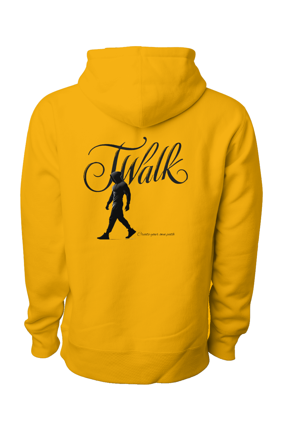 yellow premium heavyweight hoodie back view with black J Walk logo, silhouette of walking man, and Create your own path slogan"