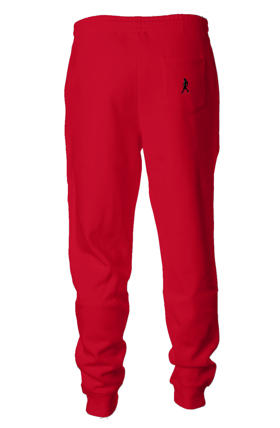Midweight Fleece Joggers, color red with J WALK Silhouette image on  back pocket, right side.