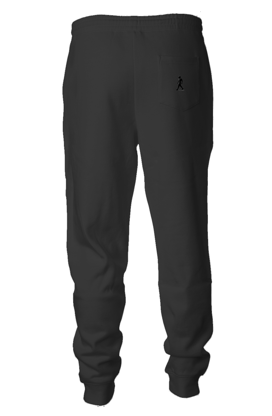 Midweight Fleece Joggers, color black with J WALK Silhouette image on  back pocket, right side.