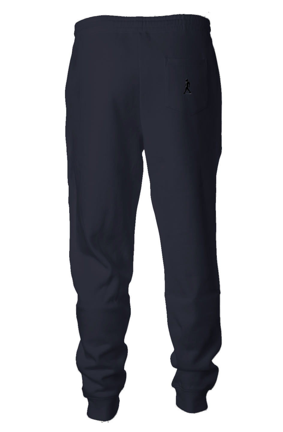 Midweight Fleece Joggers, color navy blue with J WALK Silhouette image on  back pocket, right side.