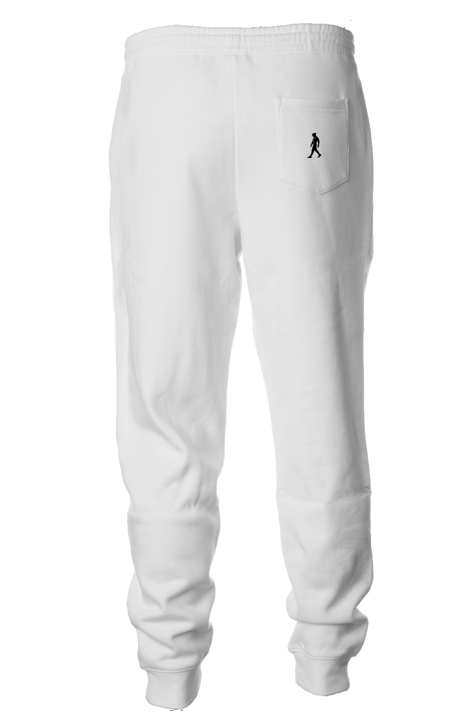 Midweight Fleece Joggers, color white with J WALK Silhouette image on  back pocket, right side.