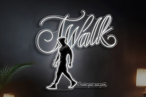 Neon sign with 'J Walk' design in a living room setting