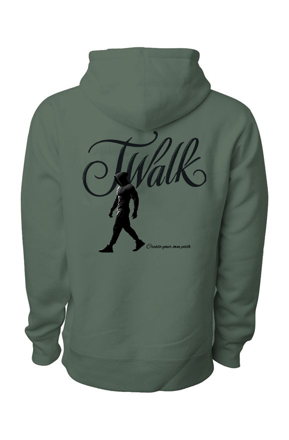 "Alpine Green premium heavyweight hoodie back view with black J Walk logo, silhouette of walking man, and Create your own path slogan"