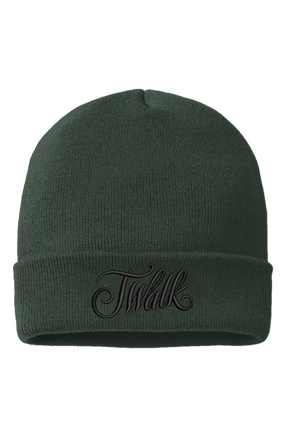"Dark green cuffed beanie with black J Walk text across fold-over cuff"

